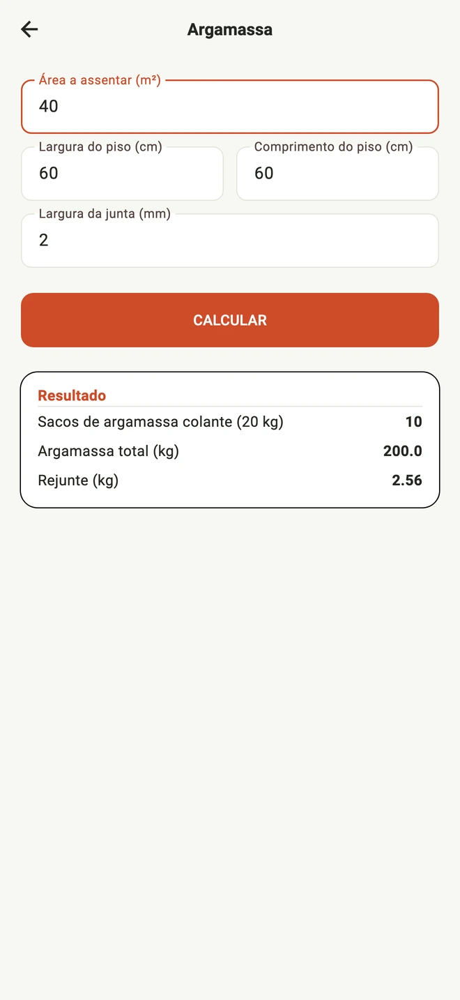 Tela real da calculadora de argamassa e rejunte do Floor com medidas das peças e estimativa de materiais.