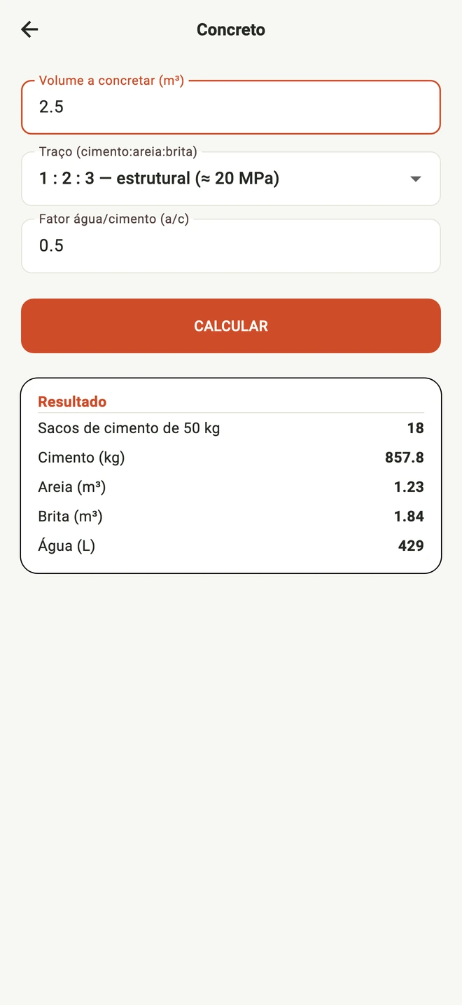 Tela real da calculadora de concreto do Floor com volume, traço e resultado em cimento, areia, brita e água.