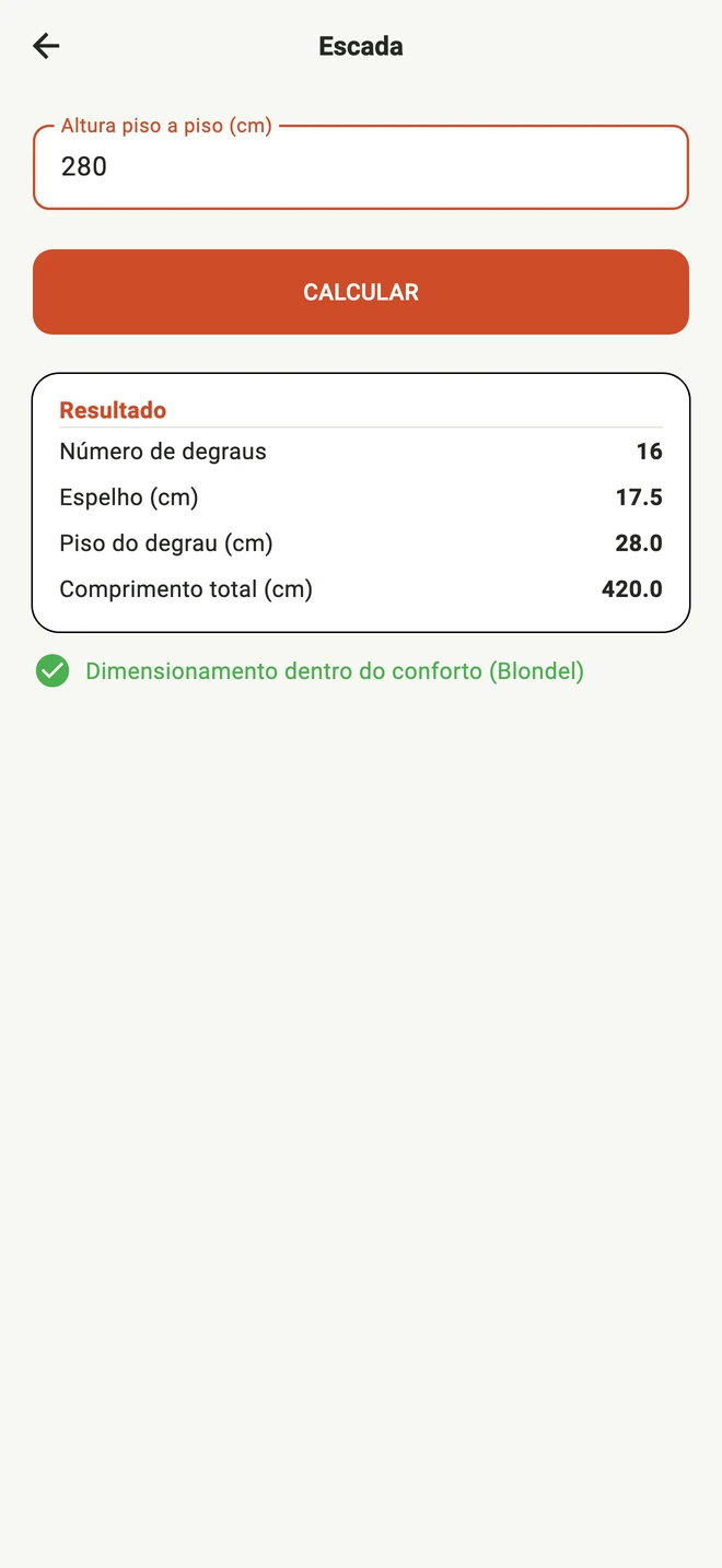 Tela real da calculadora de escadas do Floor com altura de 280 centímetros e resultado de degraus, piso e espelho.