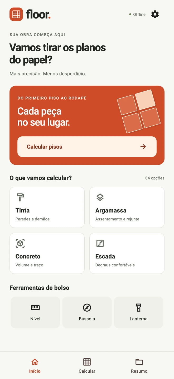 Tela inicial real do Floor com calculadoras e ferramentas.