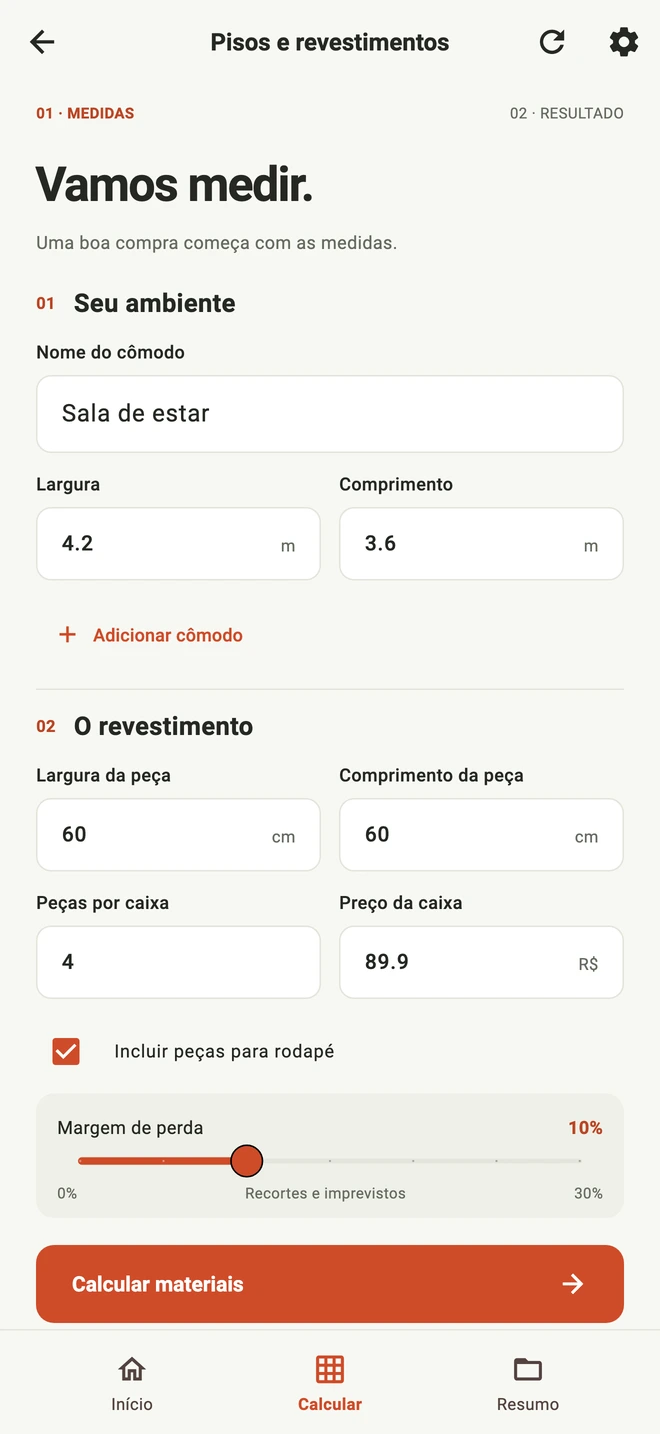 Tela real do Floor com medidas do ambiente e do revestimento preenchidas.
