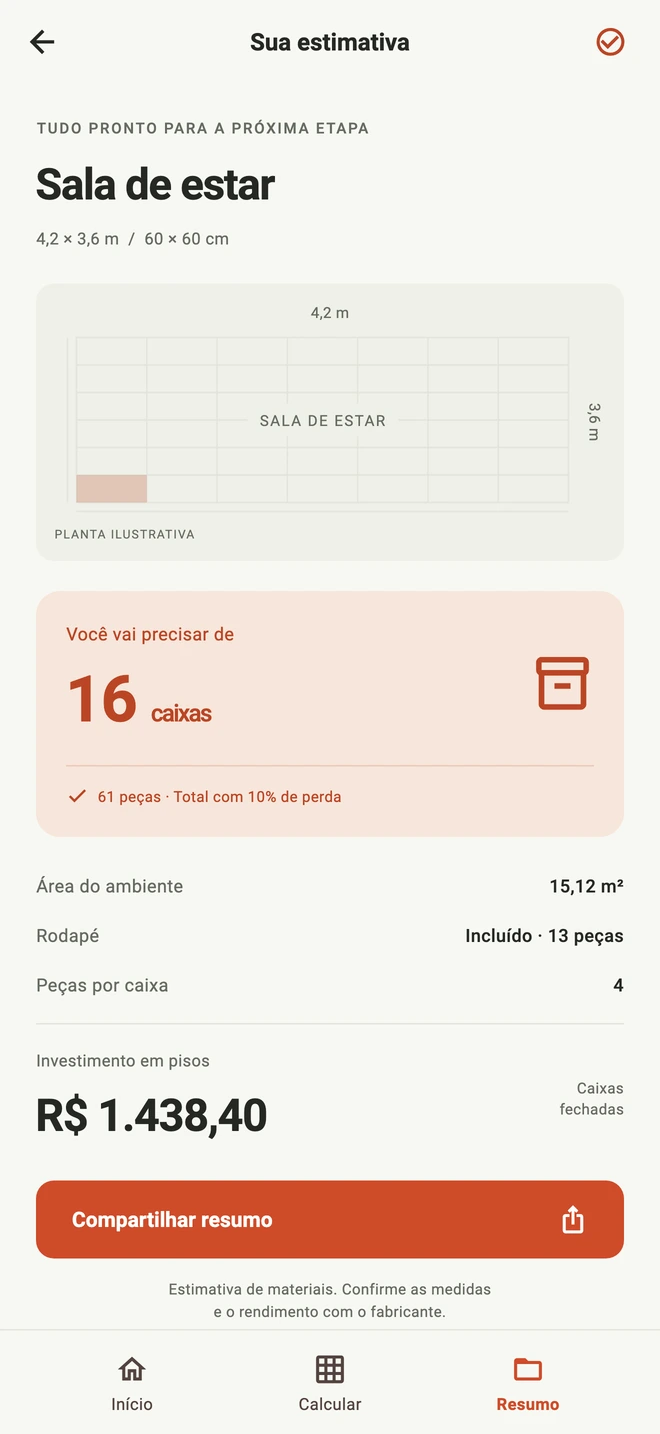 Resultado real do Floor com estimativa de pisos, caixas e custo de uma sala de estar.