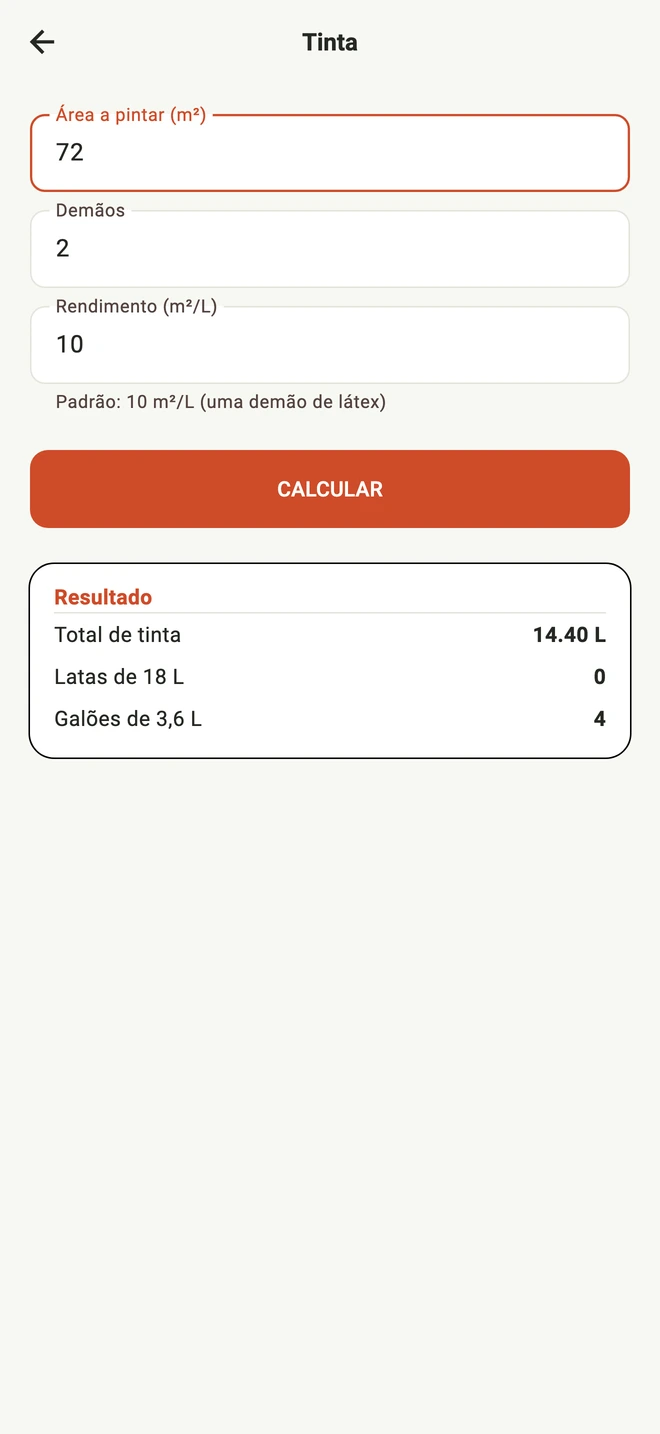 Tela real da calculadora de tinta do Floor com área de 72 metros quadrados e resultado em litros e latas.